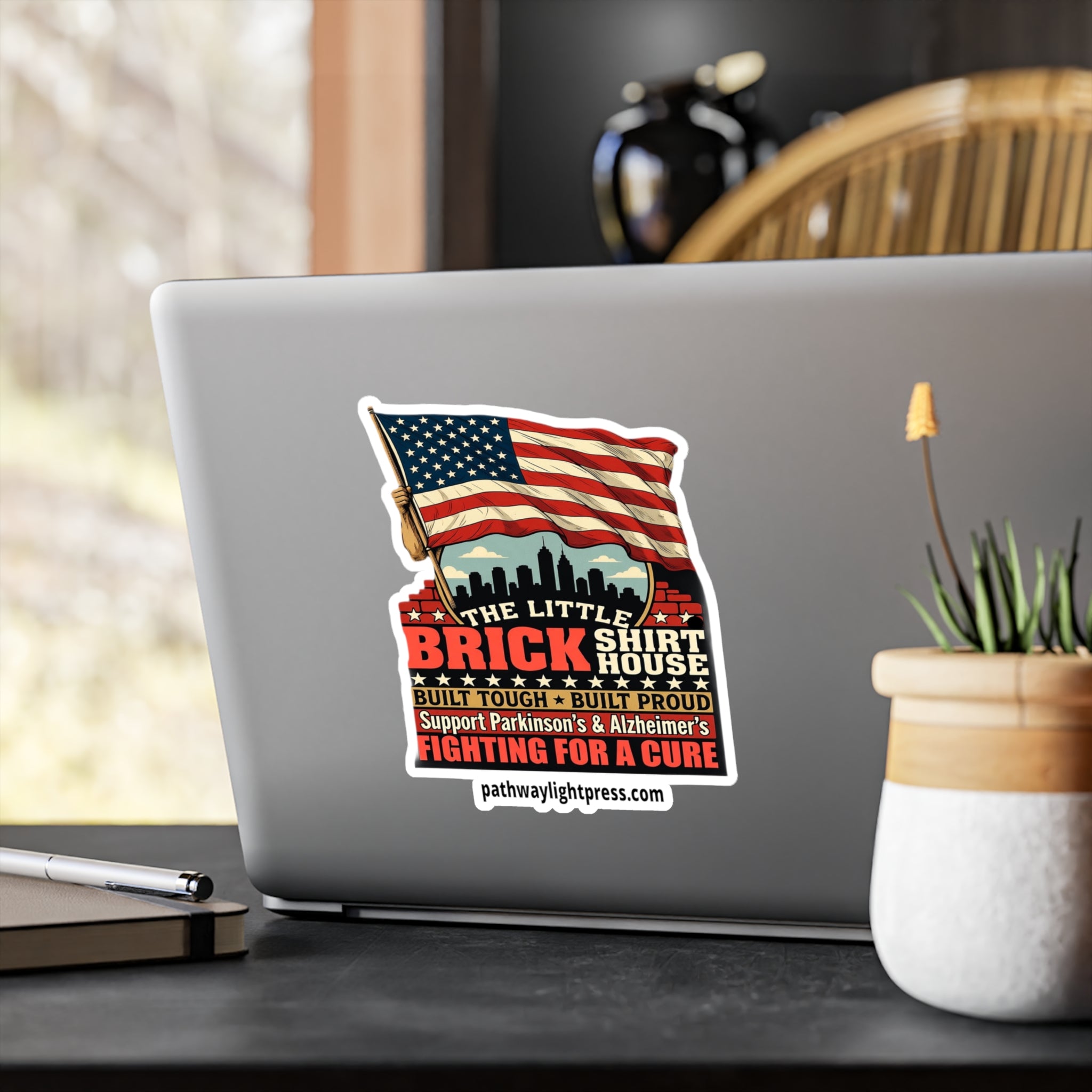Kiss-Cut Vinyl Decal — 'The Little Brick Shirt House' American Flag Support Sticker (Fighting for a Cure)