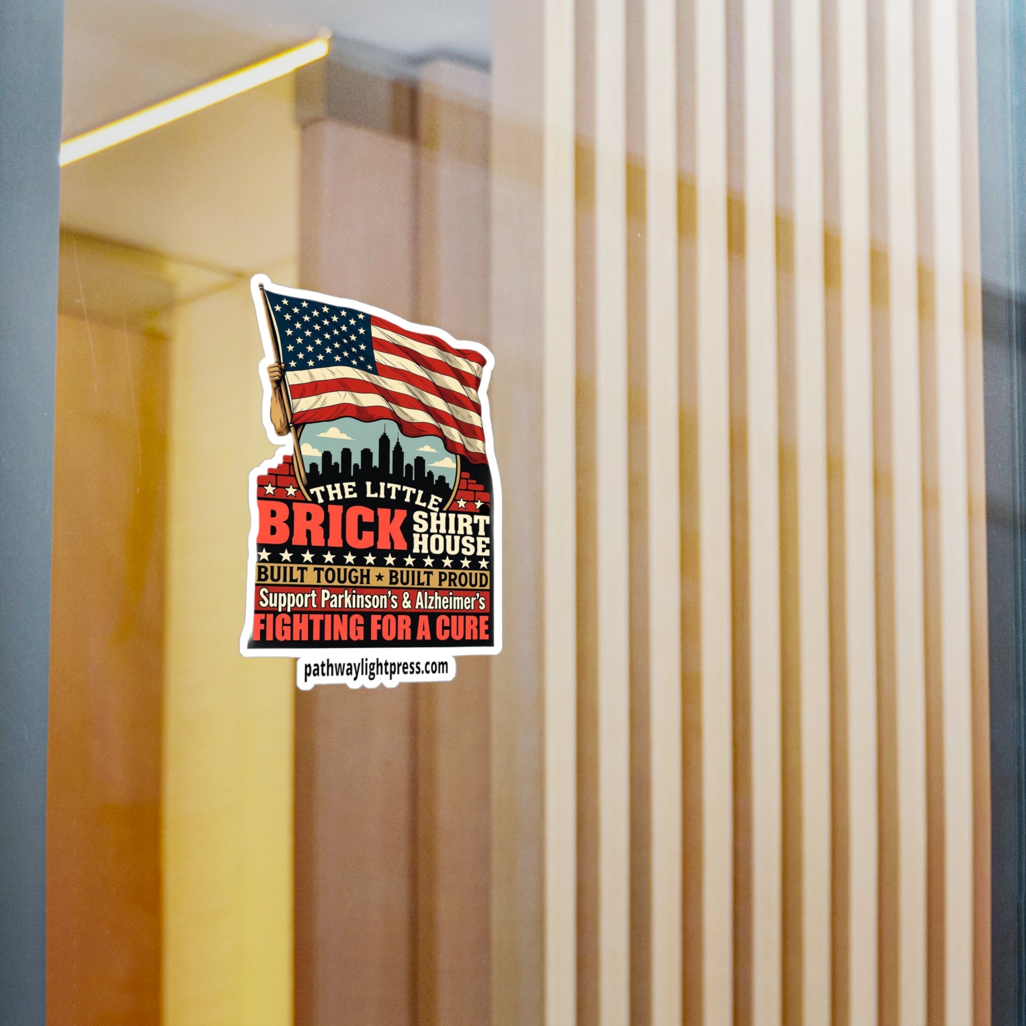 Kiss-Cut Vinyl Decal — 'The Little Brick Shirt House' American Flag Support Sticker (Fighting for a Cure)