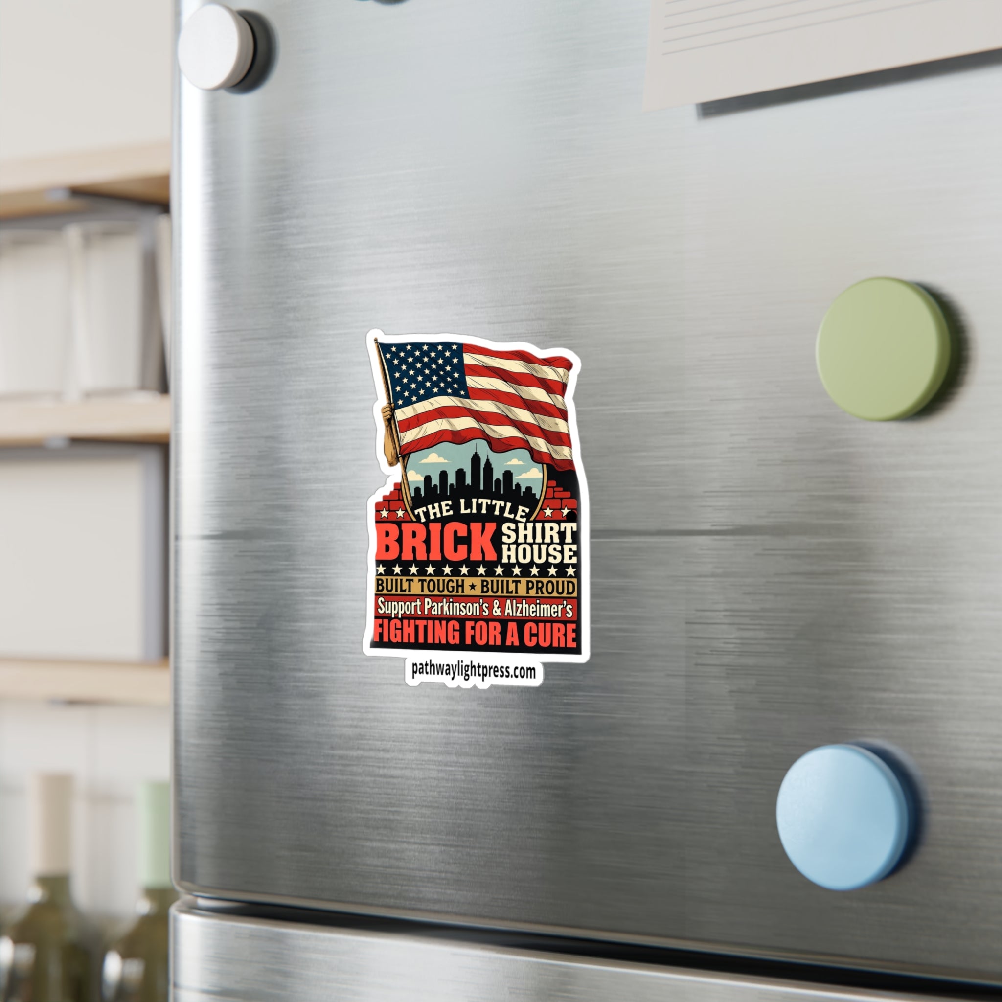 Kiss-Cut Vinyl Decal — 'The Little Brick Shirt House' American Flag Support Sticker (Fighting for a Cure)