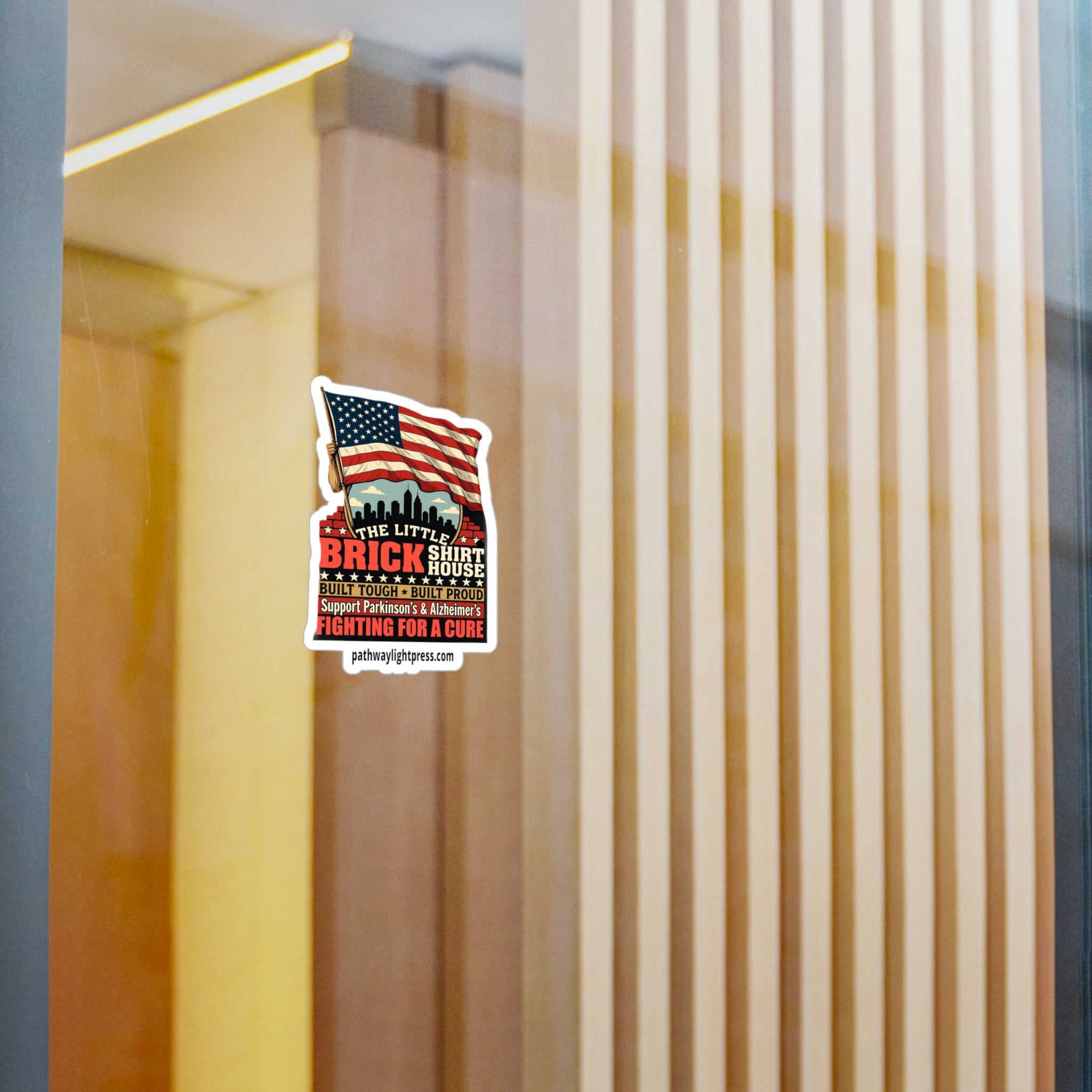 Kiss-Cut Vinyl Decal — 'The Little Brick Shirt House' American Flag Support Sticker (Fighting for a Cure)