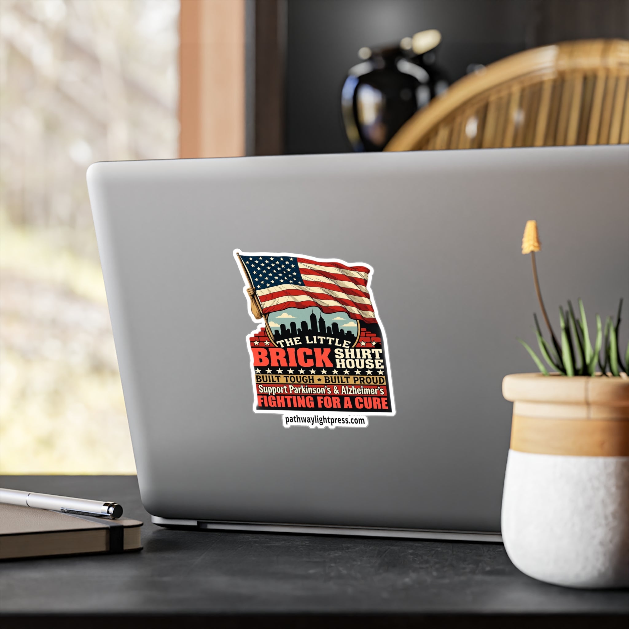 Kiss-Cut Vinyl Decal — 'The Little Brick Shirt House' American Flag Support Sticker (Fighting for a Cure)